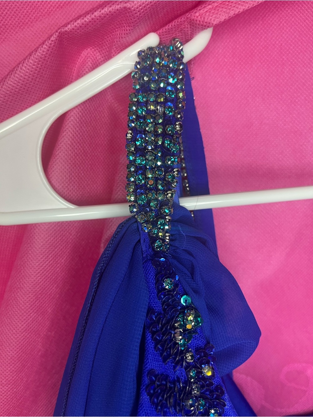 One-Shoulder Royal Blue Sequin Romper with Draped Cape - Picture 4 of 10